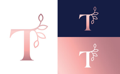 rose gold nature leaf crown beauty logo letter T