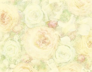 Pale yellow background with drawing of flowers. Ranunculus and roses