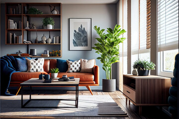 Modern living room interior design. Illustration of Generative AI Technology.