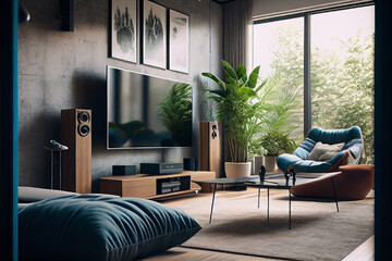 Modern living room interior design. Illustration of Generative AI Technology.