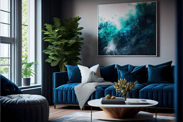 Modern living room interior design. Illustration of Generative AI Technology.