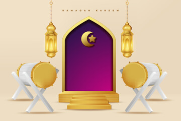 Realistic 3d Islamic celebration with islamic ornament and product podium. Vector 3D Illustration