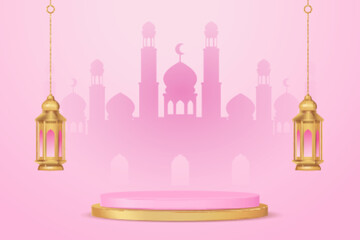 Realistic 3d Islamic celebration with islamic ornament and product podium. Vector 3D Illustration