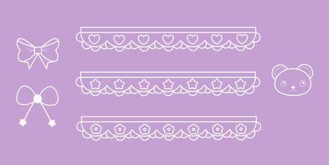 Simple Cute Vector Lace Set of 3. Pack of three Lace brushes and other decorative motifs. Themes: hearts, stars, flowers. Includes two bows and one bear. Frills.