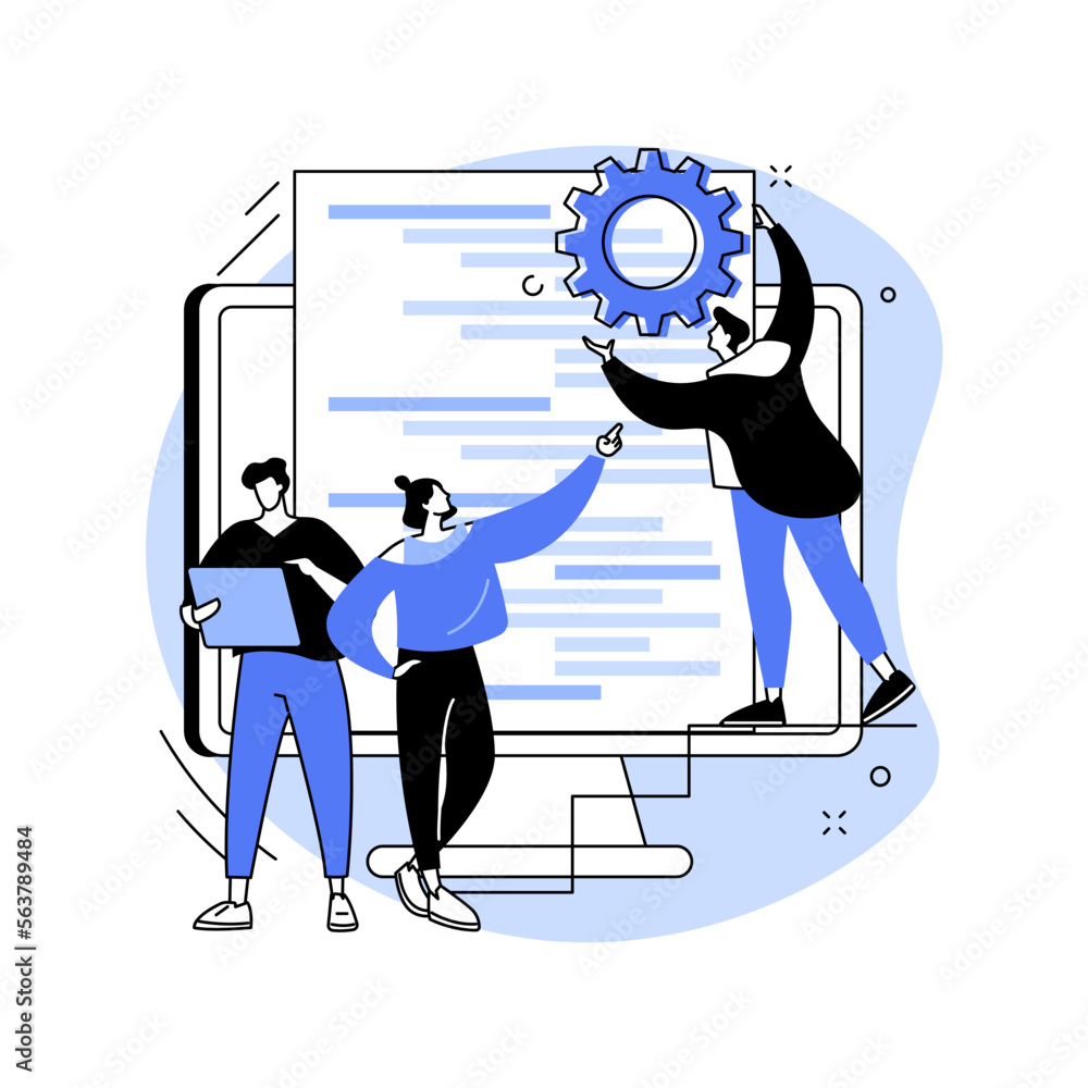 Poster software development team abstract concept vector illustration.