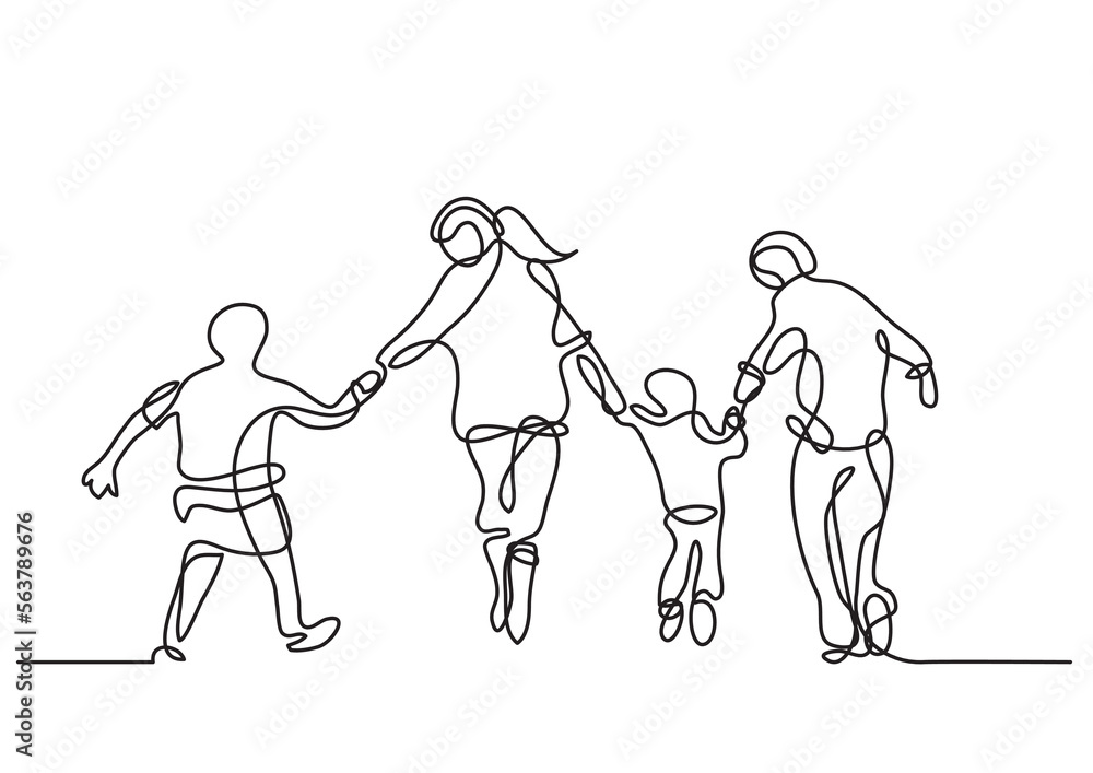 Poster continuous line drawing vector illustration with fully editable stroke - happy family of four runnin
