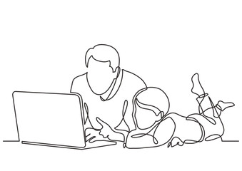 continuous line drawing vector illustration with FULLY EDITABLE STROKE - father and child watching laptop computer