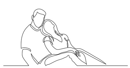 continuous line drawing vector illustration with FULLY EDITABLE STROKE - happy couple sitting embracing