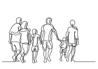 continuous line drawing vector illustration with FULLY EDITABLE STROKE - happy extended family walking - obrazy, fototapety, plakaty