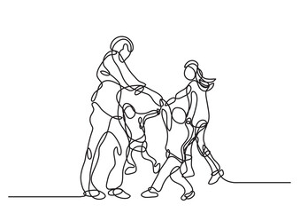 continuous line drawing vector illustration with FULLY EDITABLE STROKE - happy family cheering