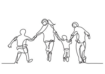 Fototapeta na wymiar continuous line drawing vector illustration with FULLY EDITABLE STROKE - happy family of four running
