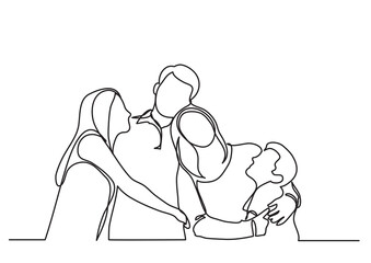 continuous line drawing vector illustration with FULLY EDITABLE STROKE - happy family of four