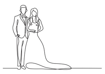 continuous line drawing vector illustration with FULLY EDITABLE STROKE - happy groom bride standing at wedding