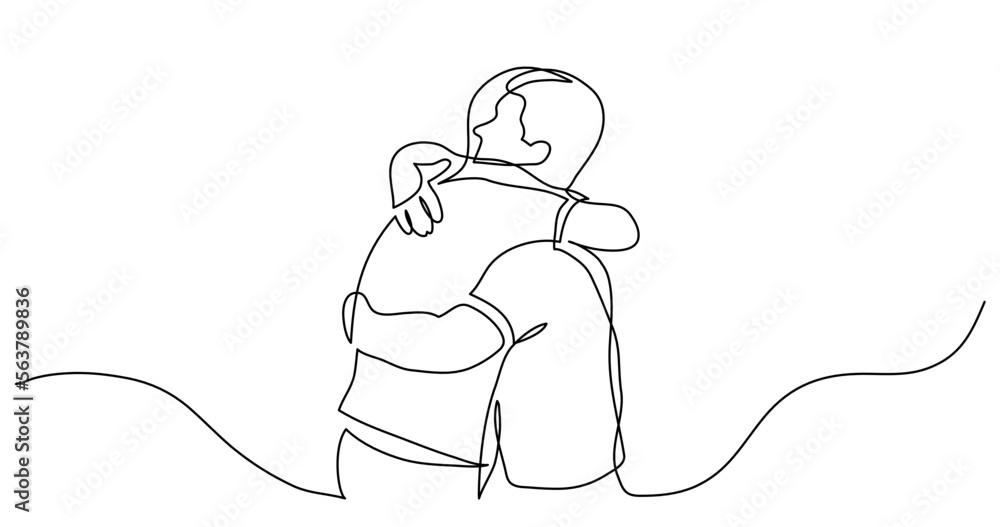 Aufkleber continuous line drawing vector illustration with fully editable stroke - of men friends hugging each