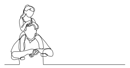 continuous line drawing vector illustration with FULLY EDITABLE STROKE - of happy father carying his girl on his shoulders