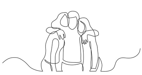 continuous line drawing vector illustration with FULLY EDITABLE STROKE - of three teenage friends hugging each other