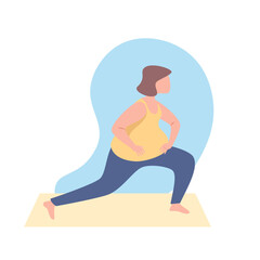 Fat woman doing stretching exercises to lose weight on the mat,burning calories,effort and motivation, obesity and body health care,vector illustration.