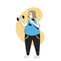 Fat woman lifting dumbbells in fitness clothes, losing weight, burning calories, obesity and body health care,vector illustration.