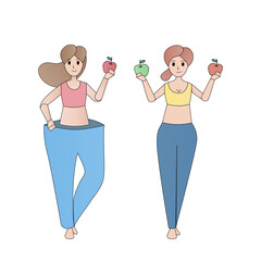 Beautiful young woman with weight loss success, low-calorie apple fruit diet, body shape change, the same pants loose,Vector illustration.