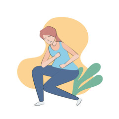 Sign of heart attack disease problem during exercise,female runner has a pain in chest,he feel Pressure tightness and Shortness of breath,Health care and pain concept, vector illustration