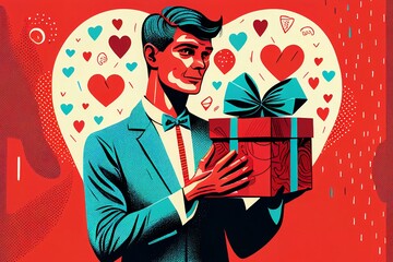 Man with gift for Valentine day's, big heart and love. generative ai