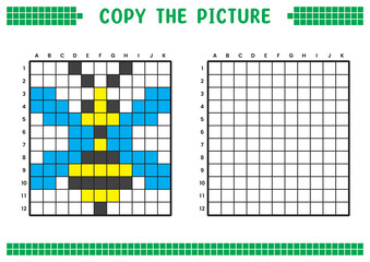 Copy the picture, complete the grid image. Educational worksheets drawing with squares, coloring cell areas. Children's preschool activities. Cartoon vector, pixel art. Honey bee illustration.