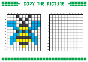 Fototapeta premium Copy the picture, complete the grid image. Educational worksheets drawing with squares, coloring cell areas. Children's preschool activities. Cartoon vector, pixel art. Honey bee illustration.