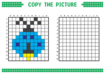 Fototapeta premium Copy the picture, complete the grid image. Educational worksheets drawing with squares, coloring cell areas. Children's preschool activities. Cartoon vector, pixel art. Insect firefly illustration.