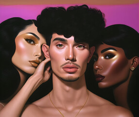 diverse group of people, man with two women, faces, skintones, generative ai