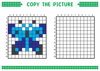 Copy the picture, complete the grid image. Educational worksheets drawing with squares, coloring cell areas. Children's preschool activities. Cartoon vector, pixel art. Blue butterfly illustration.