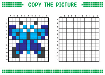 Fototapeta premium Copy the picture, complete the grid image. Educational worksheets drawing with squares, coloring cell areas. Children's preschool activities. Cartoon vector, pixel art. Blue butterfly illustration.