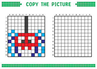 Copy the picture, complete the grid image. Educational worksheets drawing with squares, coloring cell areas. Children's preschool activities. Cartoon vector, pixel art. Spider illustration.
