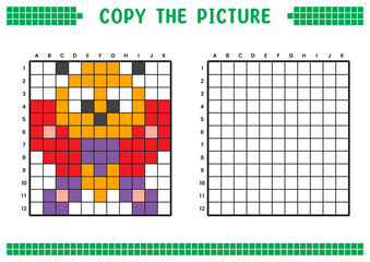 Copy the picture, complete the grid image. Educational worksheets drawing with squares, coloring cell areas. Children's preschool activities. Cartoon vector, pixel art. Moth character illustration.