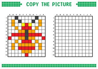 Copy the picture, complete the grid image. Educational worksheets drawing with squares, coloring cell areas. Children's preschool activities. Cartoon vector, pixel art. Ant illustration.