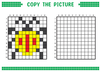 Copy the picture, complete the grid image. Educational worksheets drawing with squares, coloring cell areas. Children's preschool activities. Cartoon vector, pixel art. Yellow ladybug illustration.