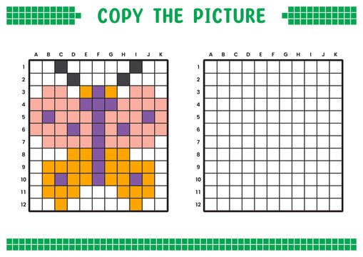 Copy the picture, complete the grid image. Educational worksheets drawing with squares, coloring areas. Children's preschool activities. Cartoon vector, pixel art. Colorful butterfly illustration.