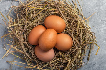 Fresh chicken eggs in straw, gray background. Copy space.