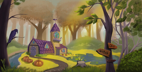 a fairy-tale witch's house in the woods near a swamp.