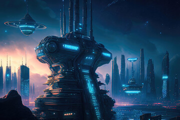 Night View of the Future City of Imagination. Generative Ai