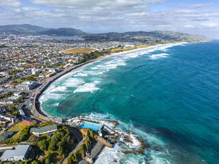 Beautiful high angle aerial drone view of a hot salt water pool in St Clair, a beachside suburb of...