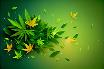 Young shoot of wild marijuana plant with first leaves on green background.