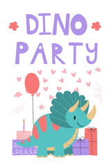 Cute dino. Dinosaur character vector illustration in flat cartoon style with DINO PARTY lettering. Baby design for birthday invitation or baby shower, poster, clothing, nursery wall art and card. EPS
