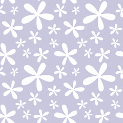 Hand drawn floral seamless pattern with white simple flower silhouette on light purple background