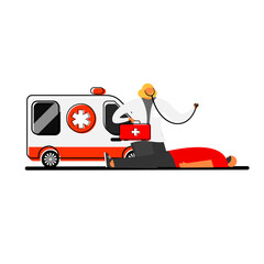 Cartoon characters of doctor in Out of hospital patients life support by emergency medical services.