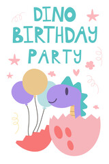 Vector illustration of happy birthday card. Cute kawaii dinosaur and egg whith text lettering dino birthday party. Dino character concept for design postcard, poster, children invitation EPS