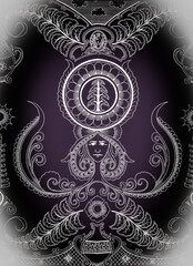 black and white background.batik pattern from a folklore about a woman named Vungamela, the keeper of eels, from being a magical tree that bears a golden jug to go to the moon