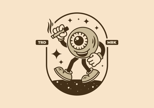 Character mascot illustration badge of eyeball holding a cigarette