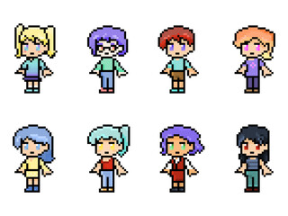 Set of pixel female characters, bit retro style anime