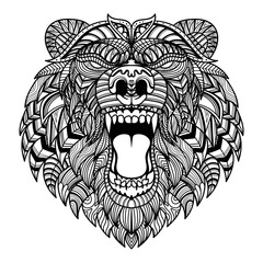 Bear head angry mandala zentangle coloring page illustration