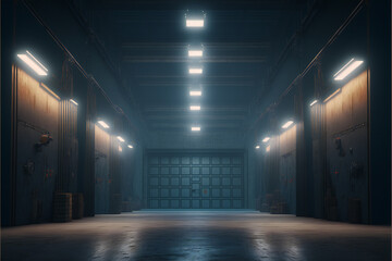 Futuristic underground tunnel led neon lights warehouse Generative Artificial Intelligence  Render